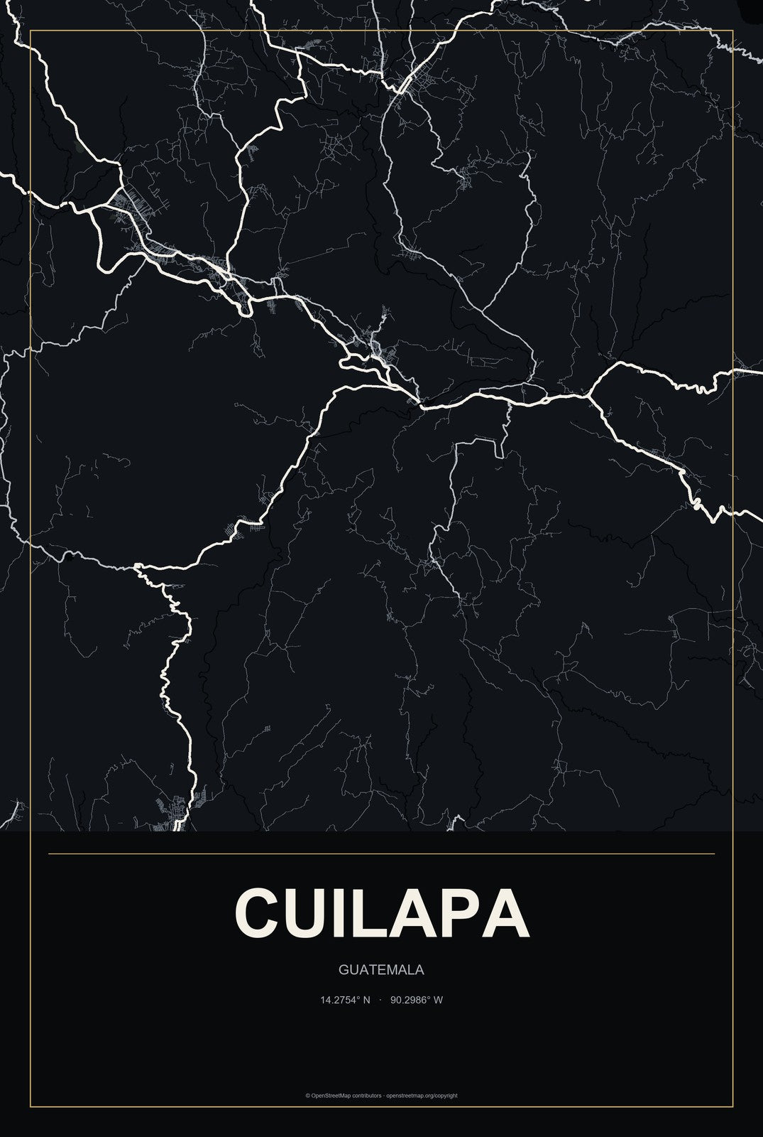 Cuilapa, Guatemala City Map Aluminum Sign in Metropolitan Noir style