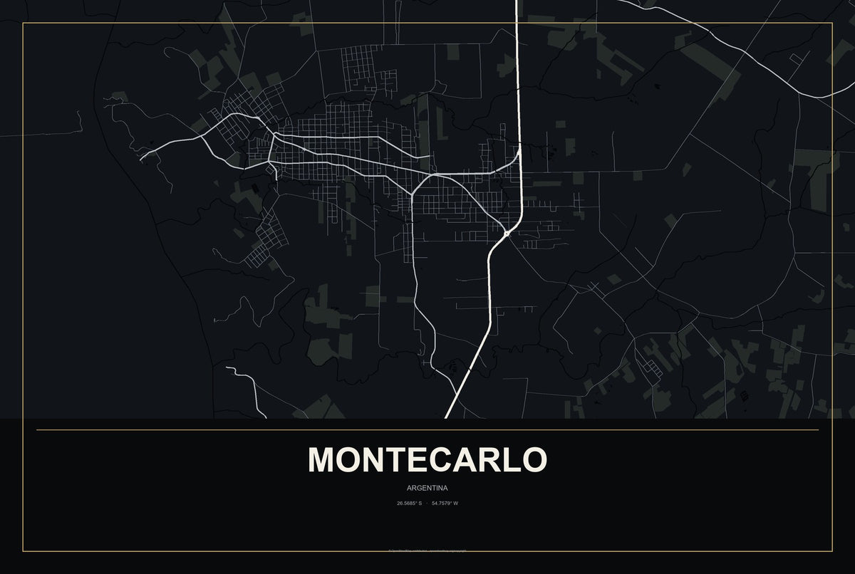 Montecarlo, Argentina City Map Aluminum Sign in Metropolitan Noir style