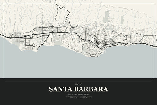 Santa Barbara, California City Map Aluminum Sign in Museum Plaque style