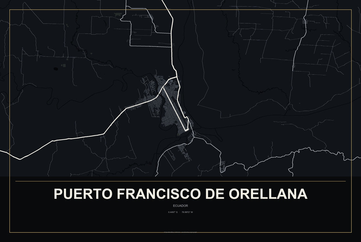 Puerto Francisco de Orellana, Ecuador City Map Aluminum Sign in Metropolitan Noir style