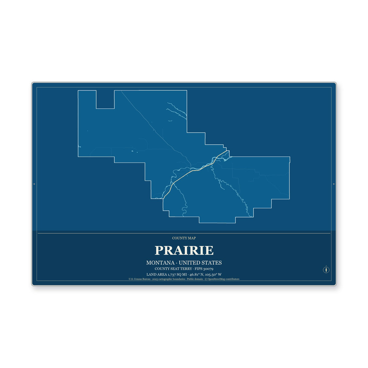 Prairie County, Montana Map Aluminum Sign in Harbor Cobalt style
