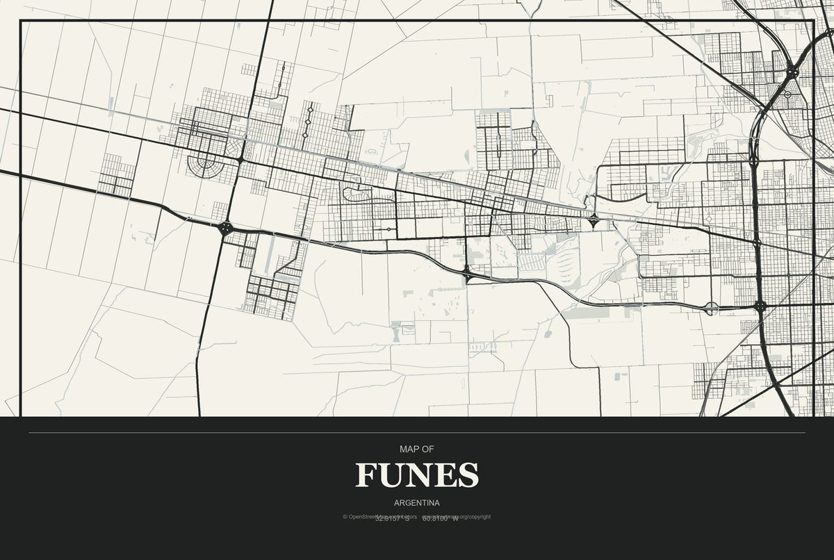 Funes, Argentina City Map Aluminum Sign in Museum Plaque style