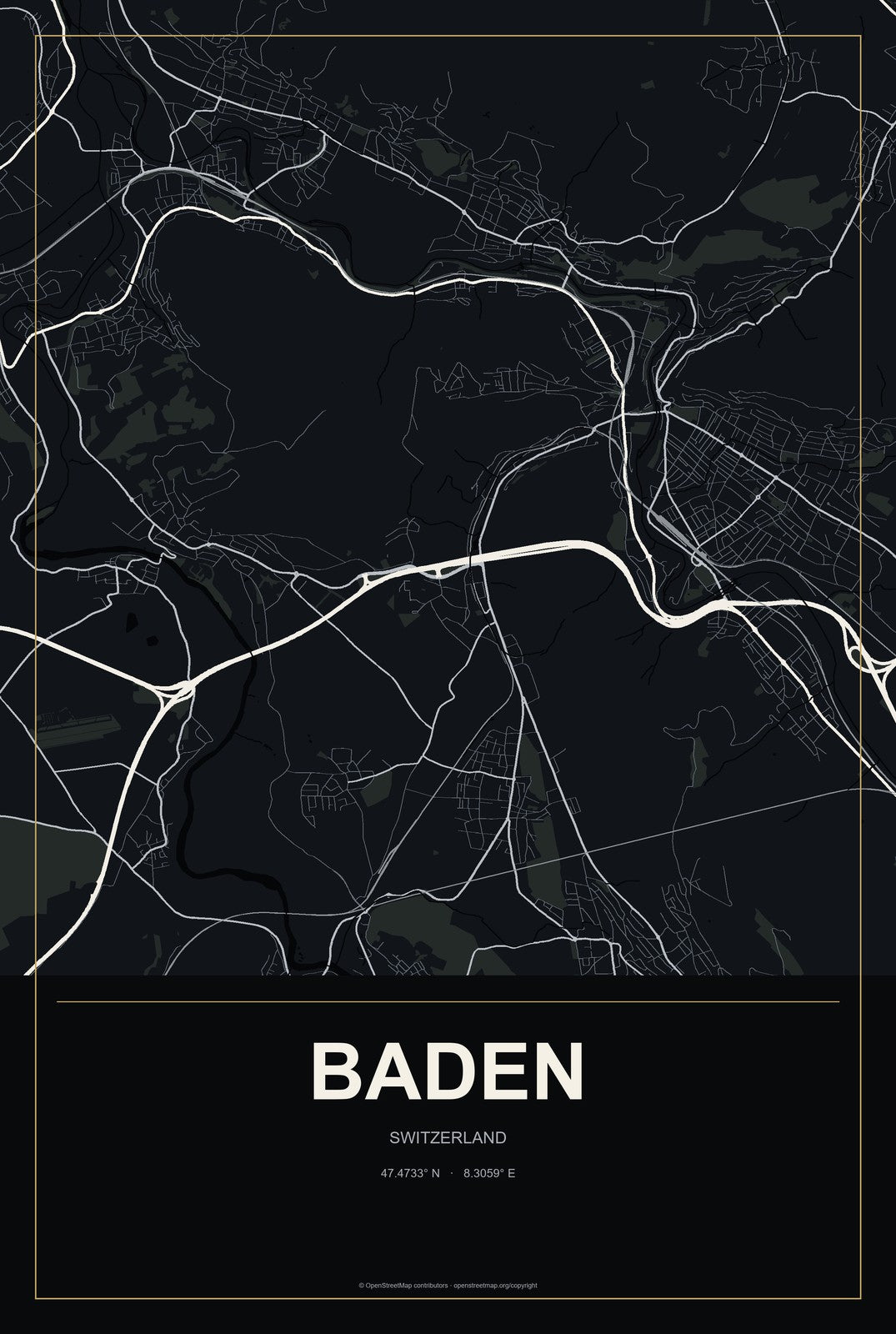 Baden, Switzerland City Map Aluminum Sign in Metropolitan Noir style