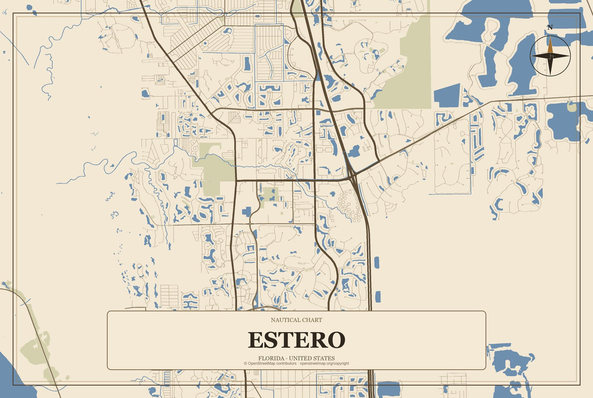 Estero, Florida City Map Aluminum Sign in Heritage Nautical style