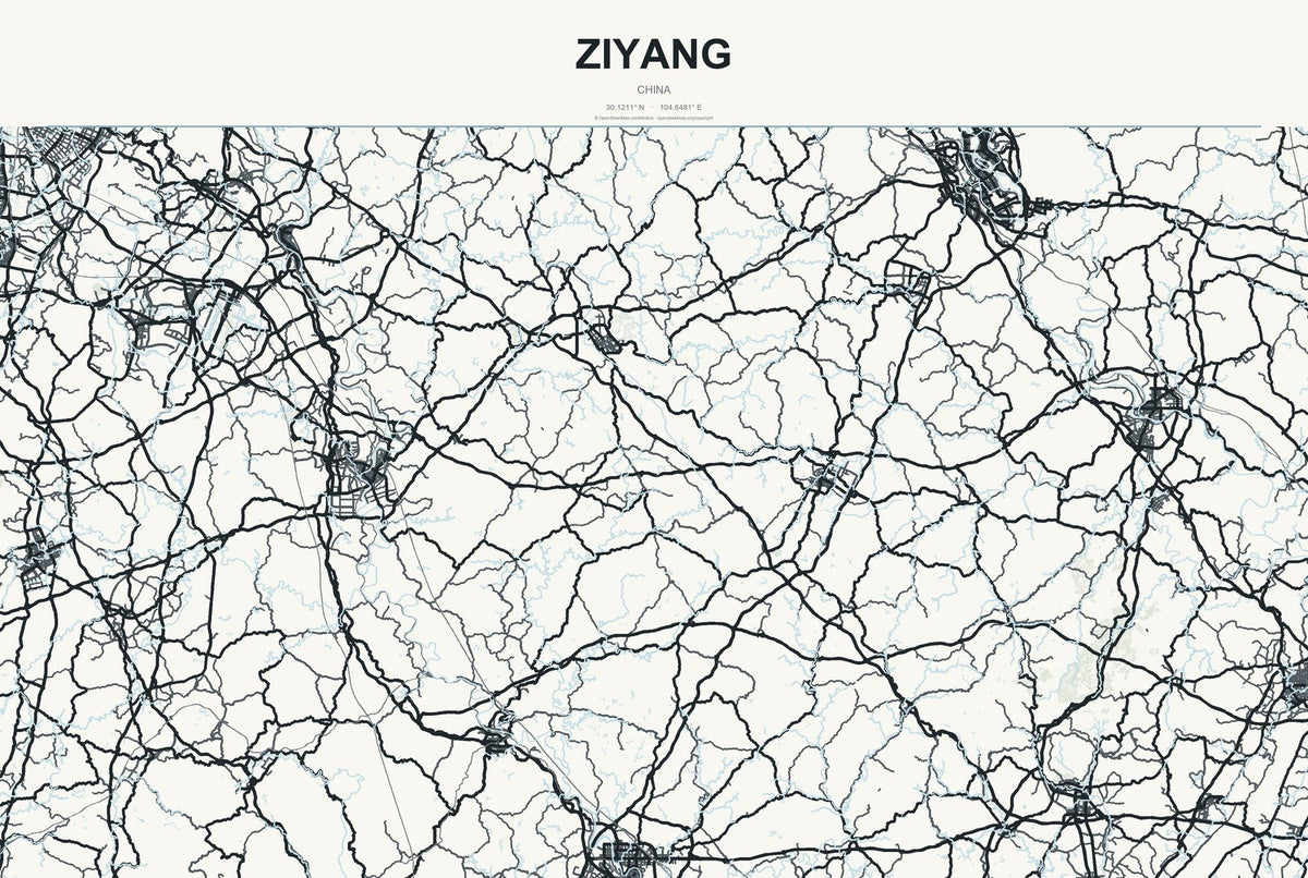 Ziyang, China City Map Aluminum Sign in Headline Atlas style