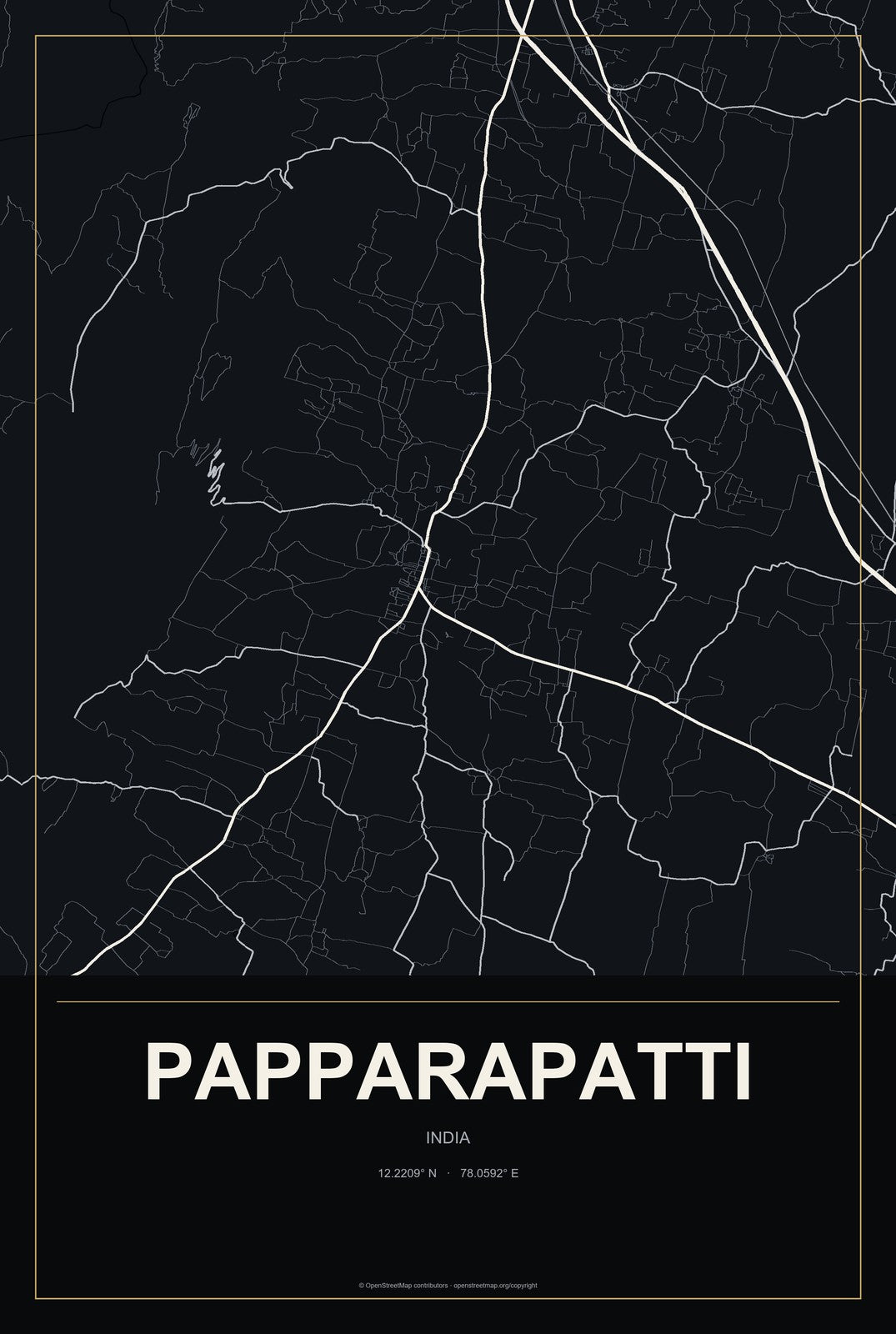 Papparapatti, India City Map Aluminum Sign in Metropolitan Noir style