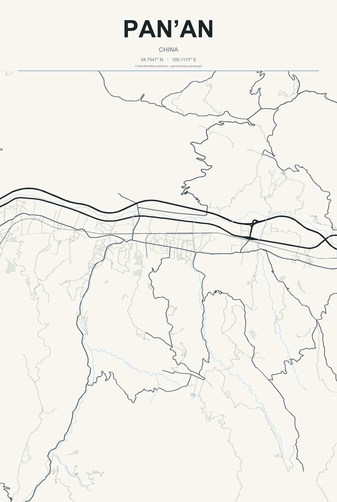 Pan’an, China City Map Aluminum Sign in Headline Atlas style