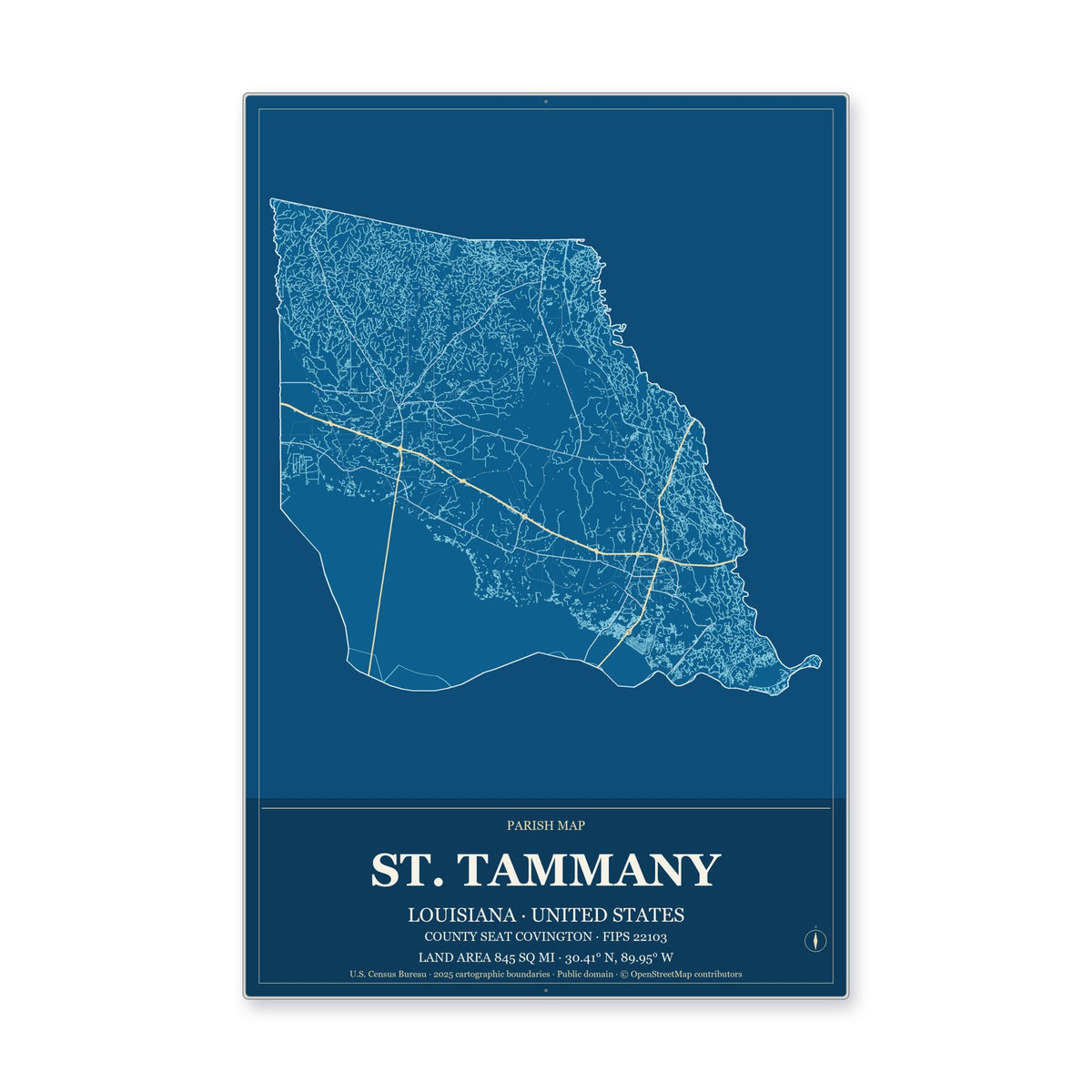 St. Tammany Parish, Louisiana Map Aluminum Sign in Harbor Cobalt style