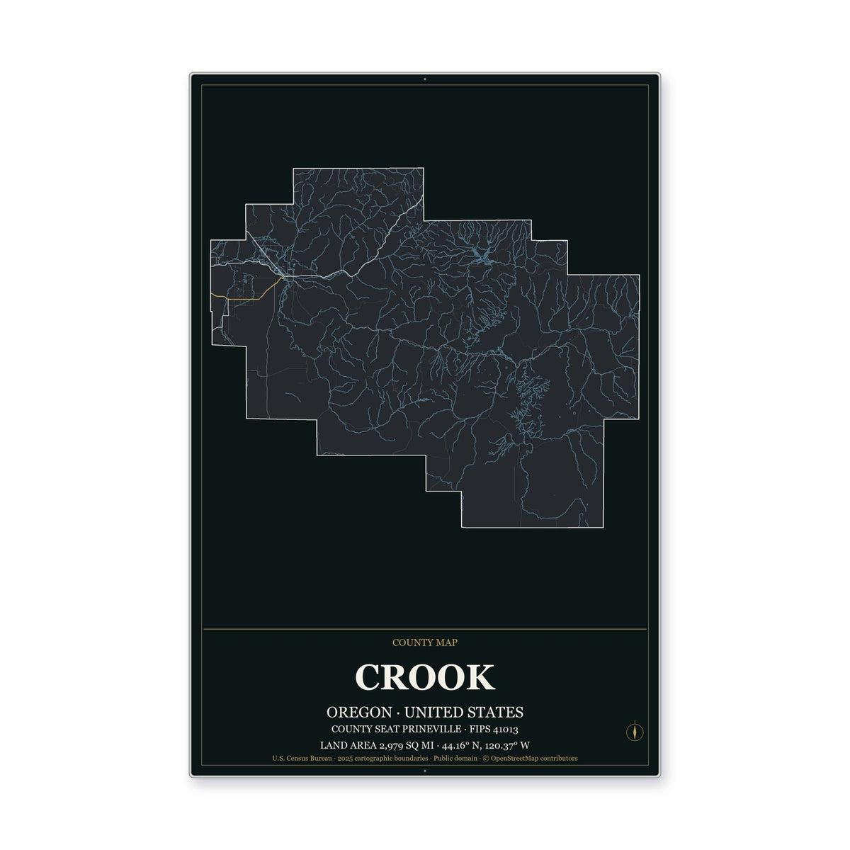 Crook County, Oregon Map Aluminum Sign in Metropolitan Noir style