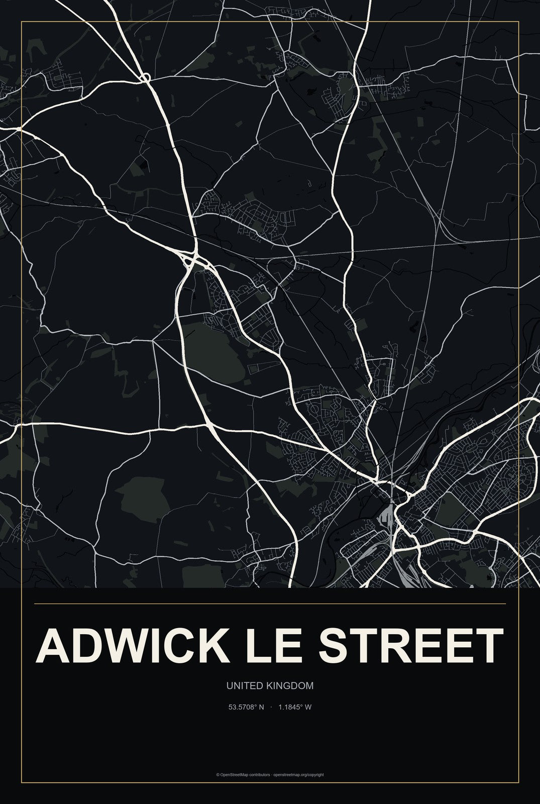 Adwick le Street, United Kingdom City Map Aluminum Sign in Metropolitan Noir style