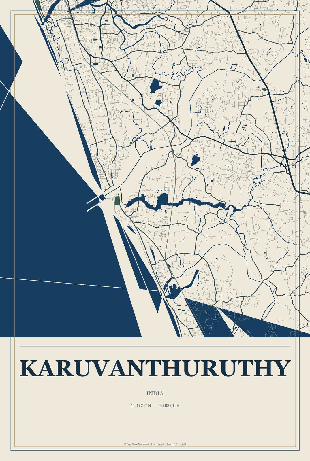 Karuvanthuruthy, India City Map Aluminum Sign in Coastal Cutout style