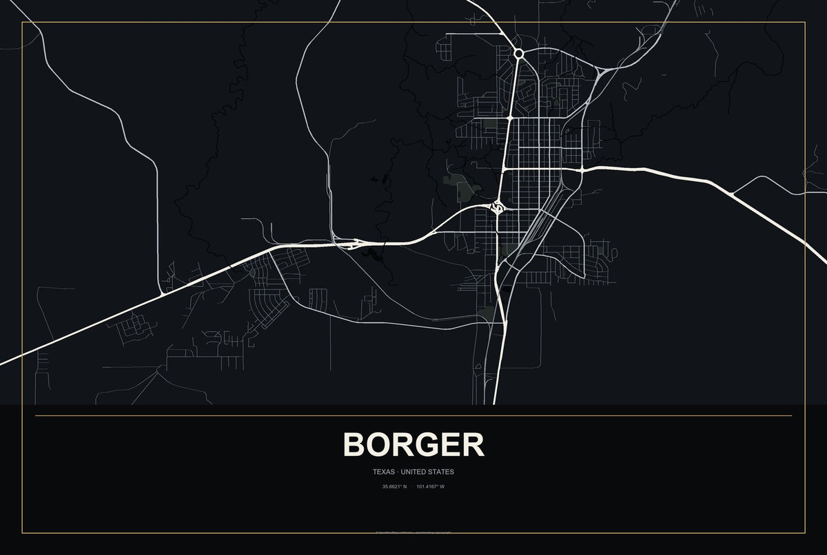 Borger, Texas City Map Aluminum Sign in Metropolitan Noir style
