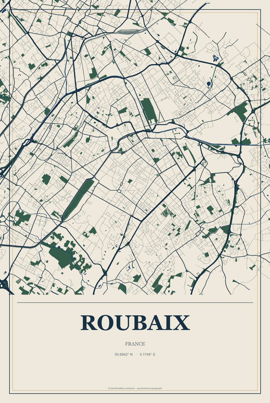 Roubaix, France City Map Aluminum Sign in Coastal Cutout style