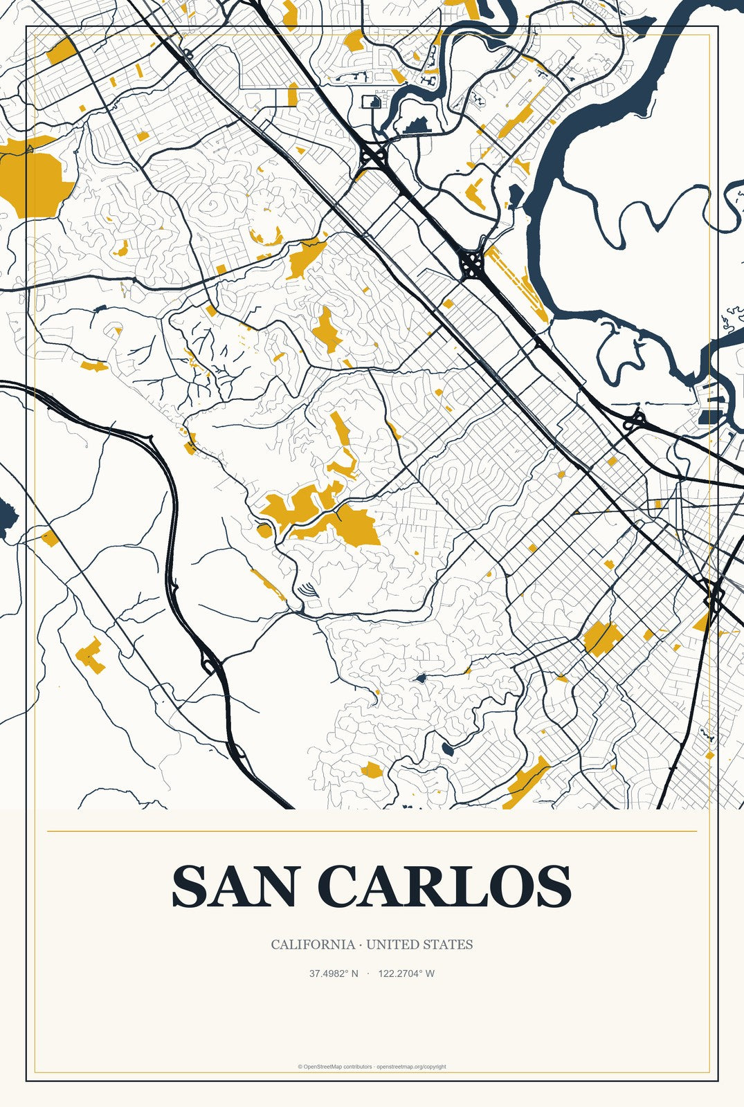 San Carlos, California City Map Aluminum Sign in Citrine Modern style
