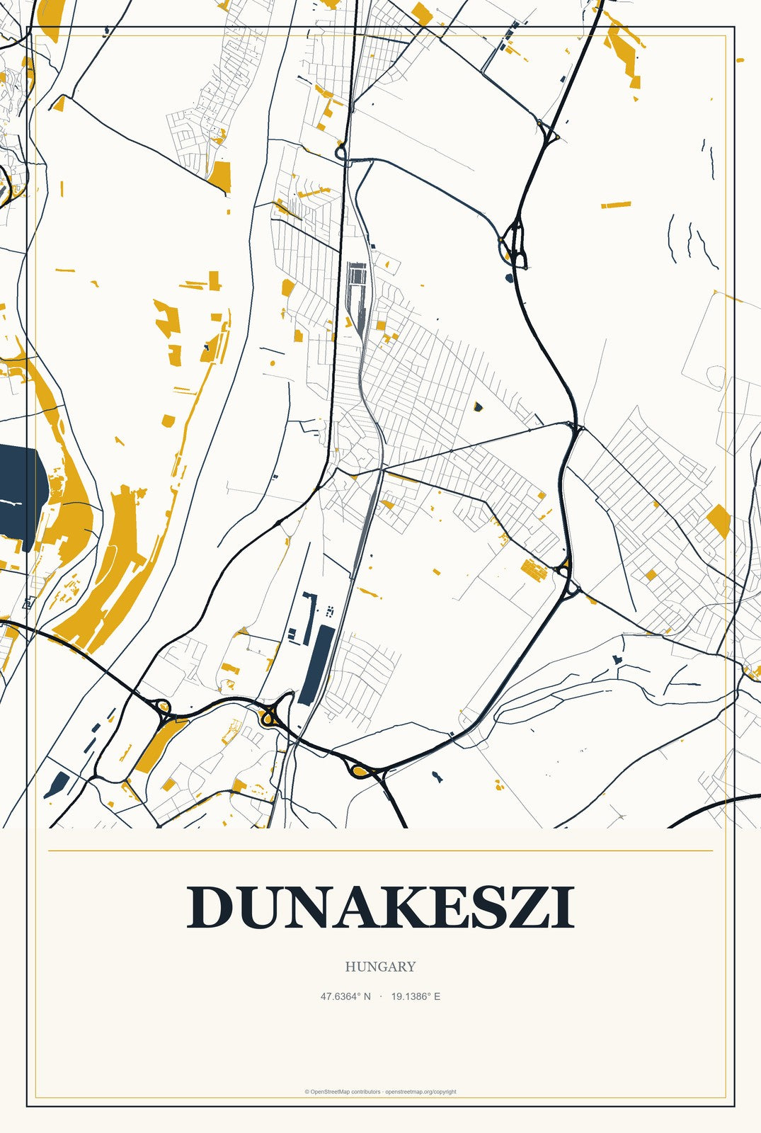 Dunakeszi, Hungary City Map Aluminum Sign in Citrine Modern style