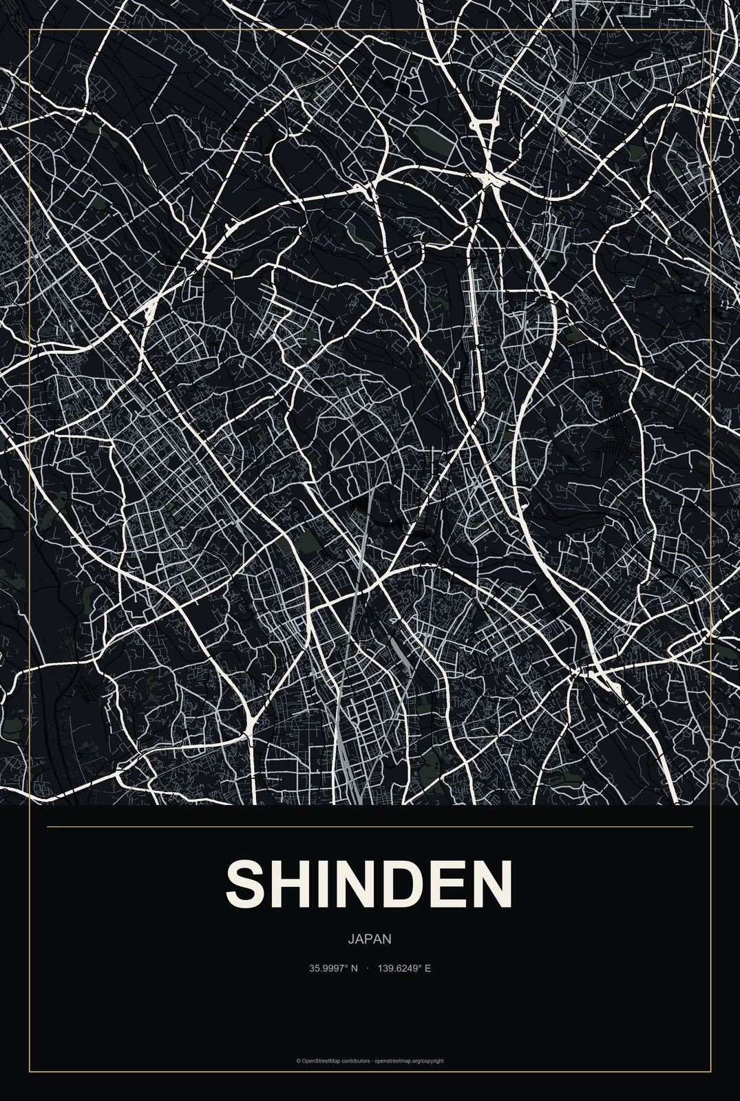Shinden, Japan City Map Aluminum Sign in Metropolitan Noir style