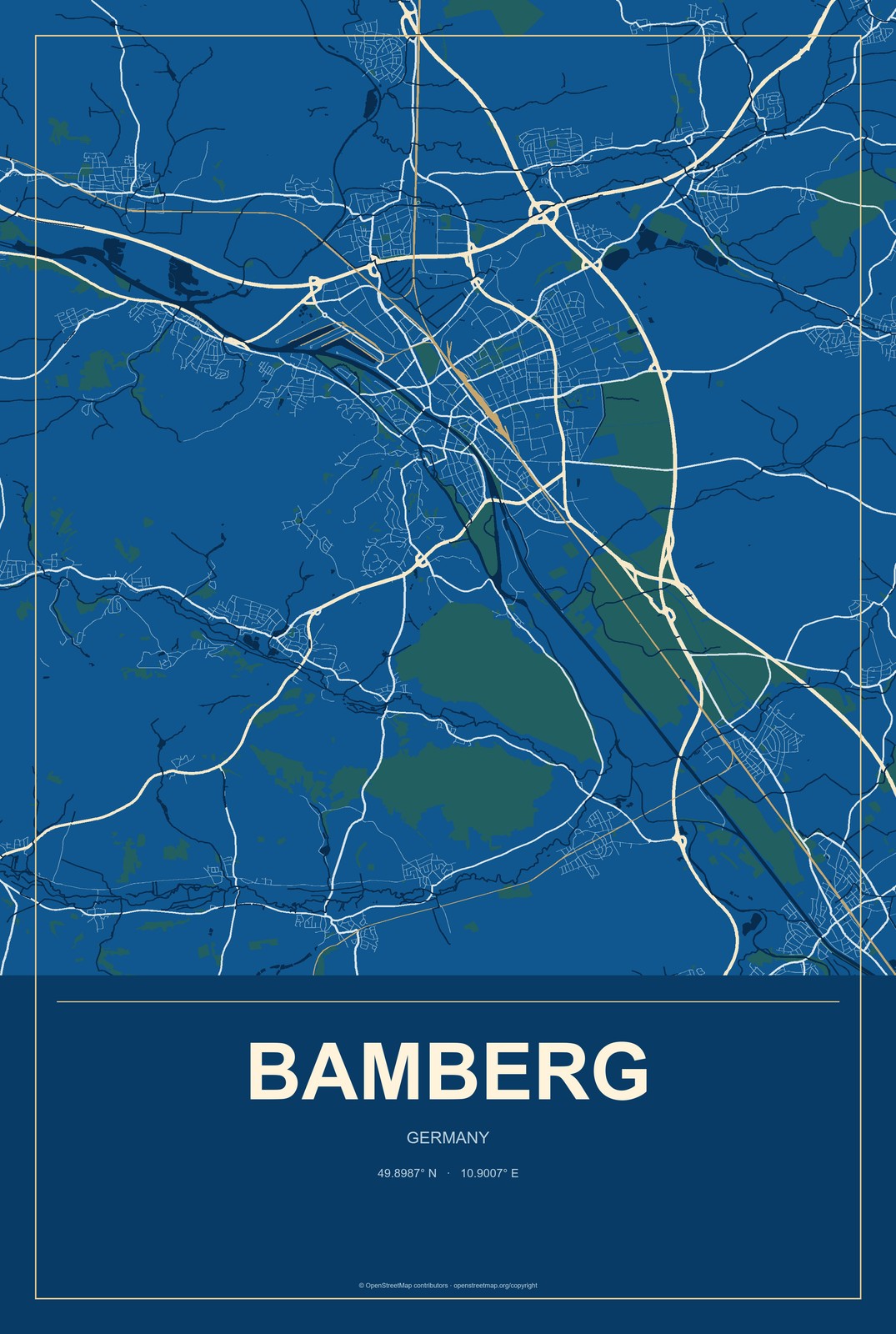 Bamberg, Germany City Map Aluminum Sign in Harbor Cobalt style