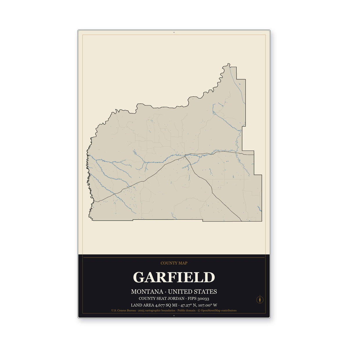 Garfield County, Montana Map Aluminum Sign in Museum Plaque style