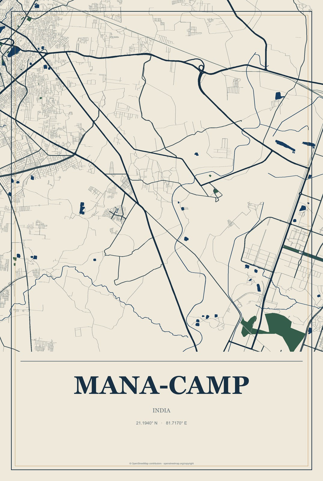 Mana-Camp, India City Map Aluminum Sign in Coastal Cutout style
