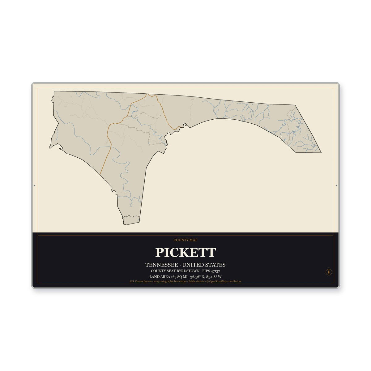 Pickett County, Tennessee Map Aluminum Sign in Museum Plaque style