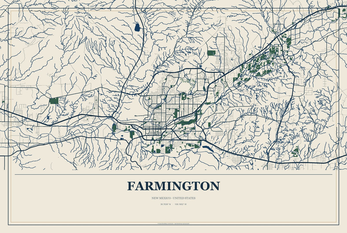 Farmington, New Mexico City Map Aluminum Sign in Coastal Cutout style