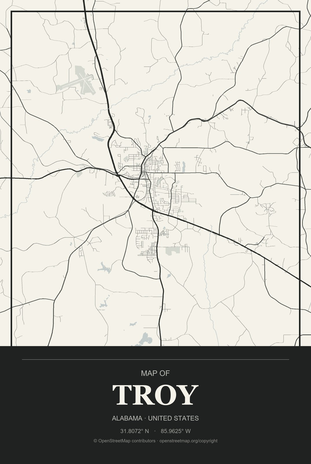 Troy, Alabama City Map Aluminum Sign in Museum Plaque style