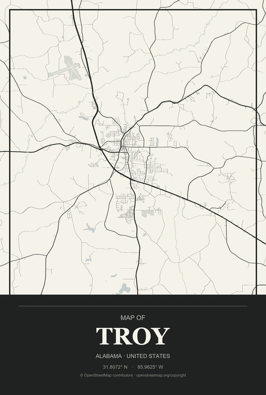 Troy, Alabama City Map Aluminum Sign in Museum Plaque style