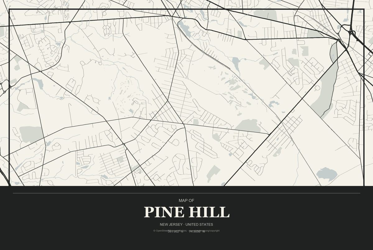 Pine Hill, New Jersey City Map Aluminum Sign in Museum Plaque style