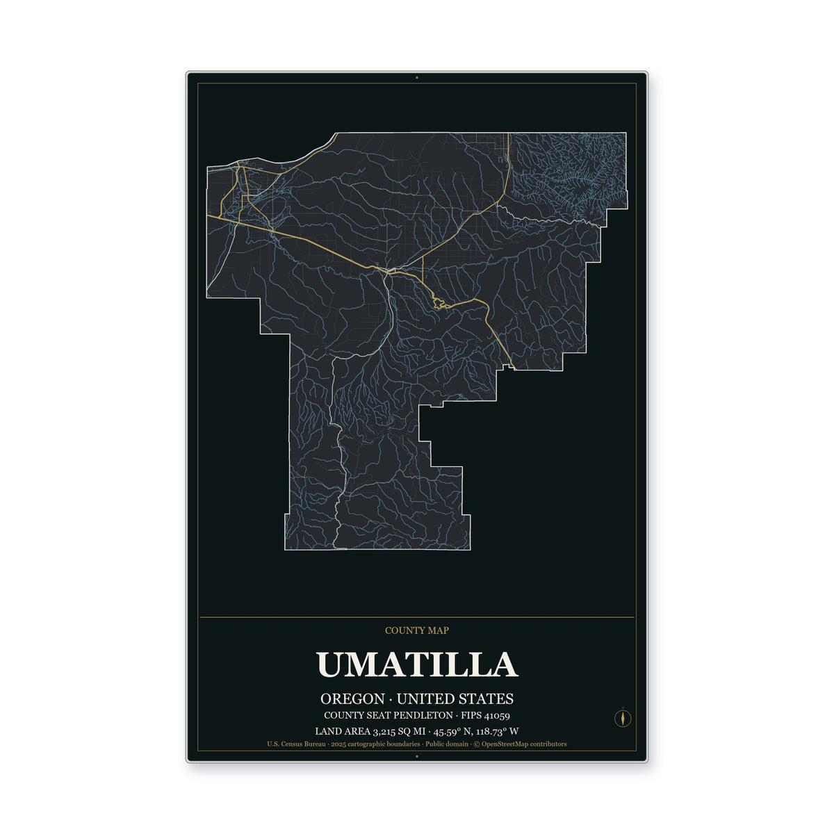 Umatilla County, Oregon Map Aluminum Sign in Metropolitan Noir style