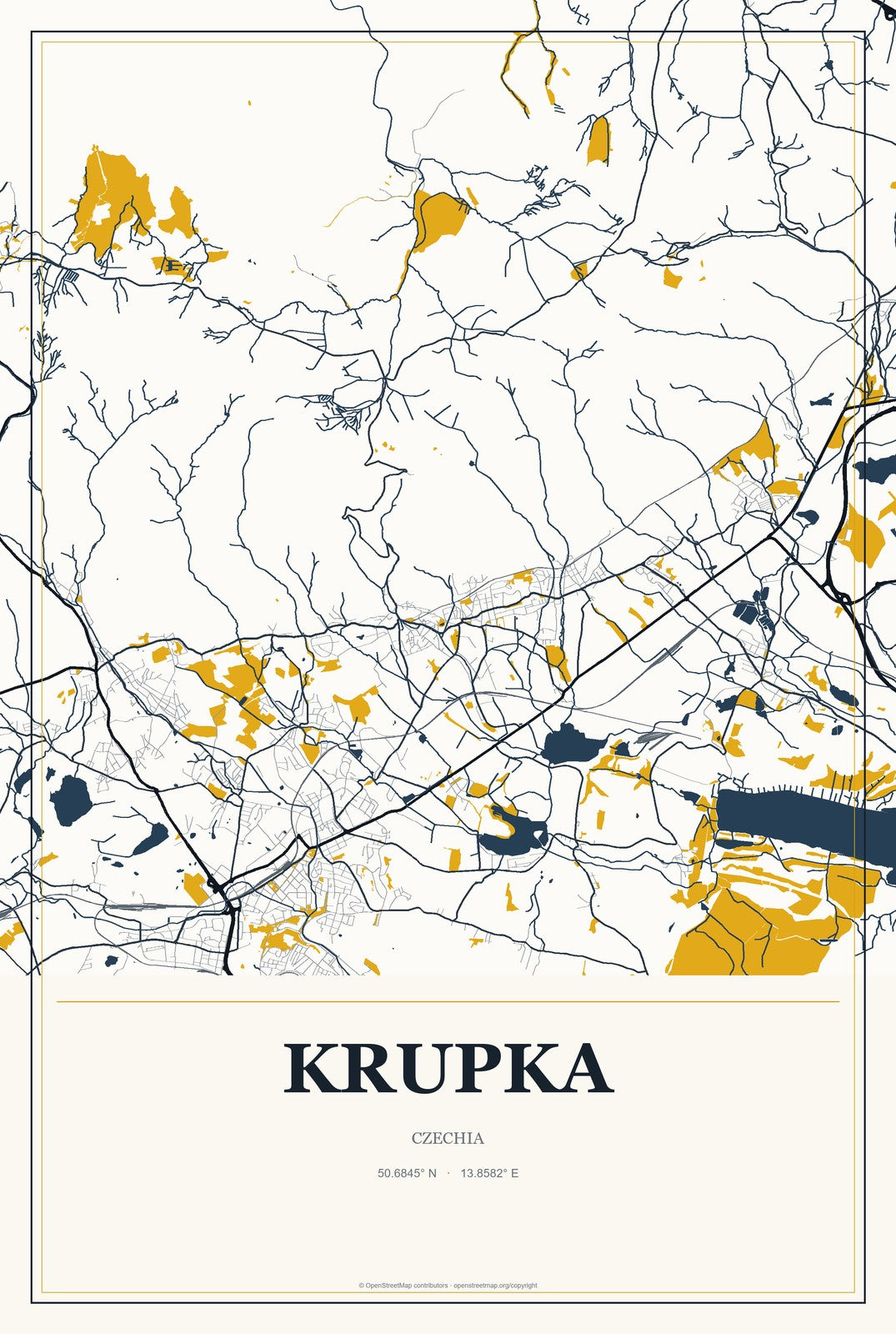 Krupka, Czechia City Map Aluminum Sign in Citrine Modern style