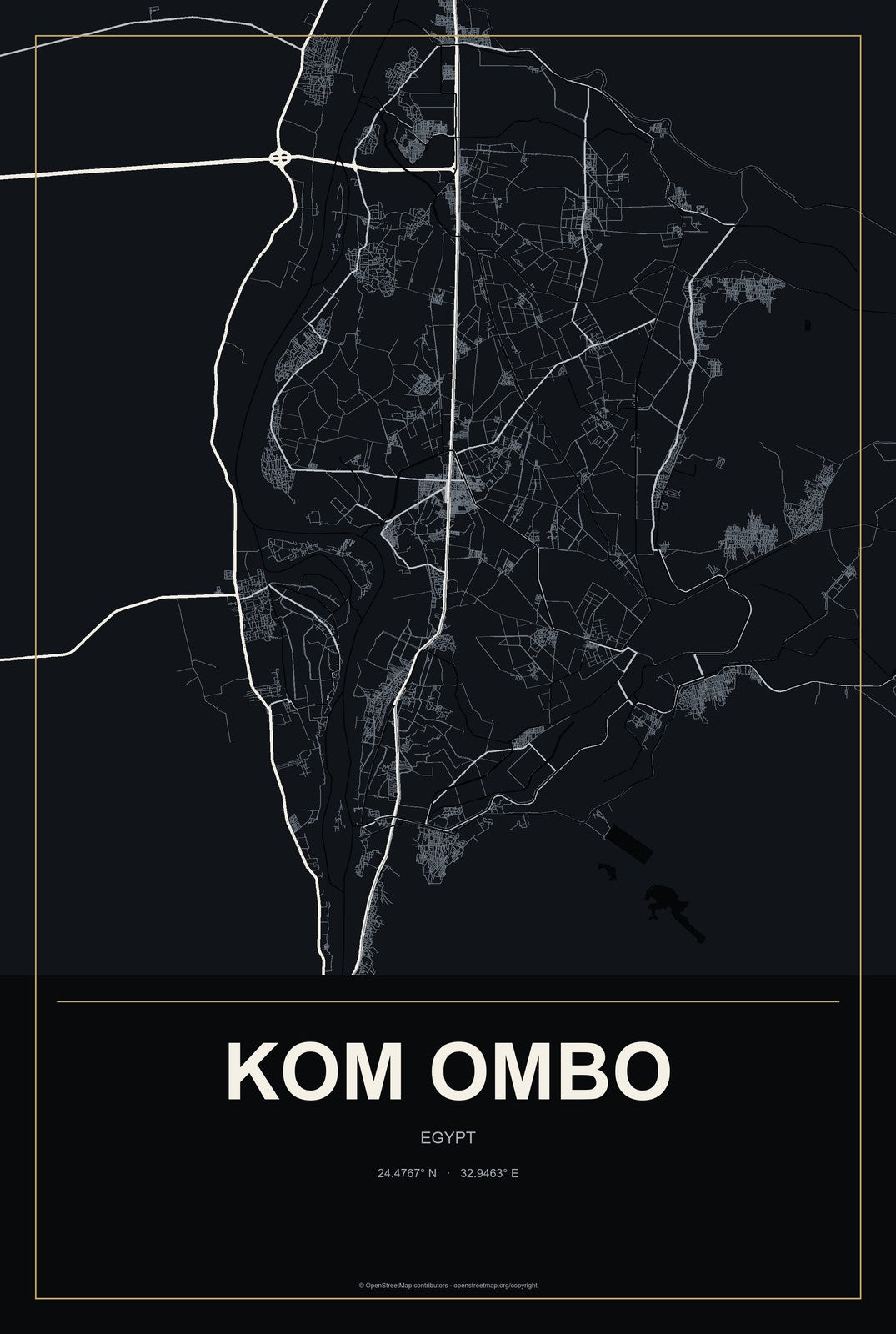 Kom Ombo, Egypt City Map Aluminum Sign in Metropolitan Noir style
