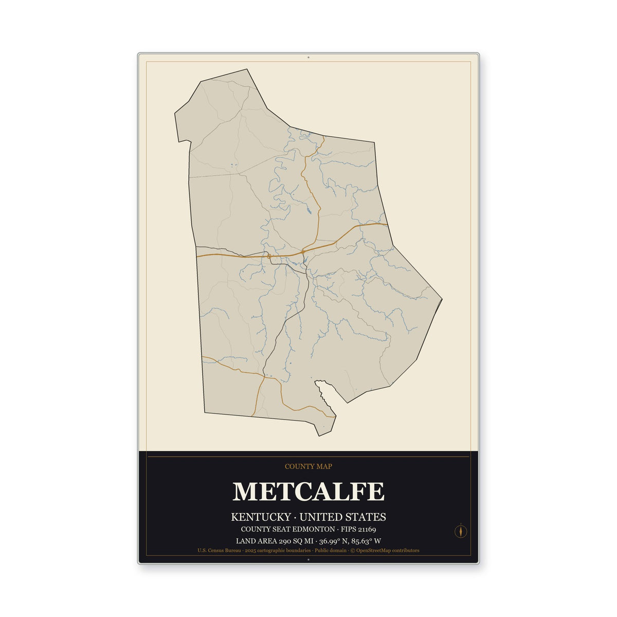 Metcalfe County, Kentucky Map Aluminum Sign in Museum Plaque style