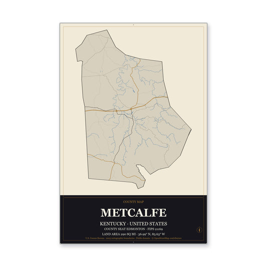 Metcalfe County, Kentucky Map Aluminum Sign in Museum Plaque style
