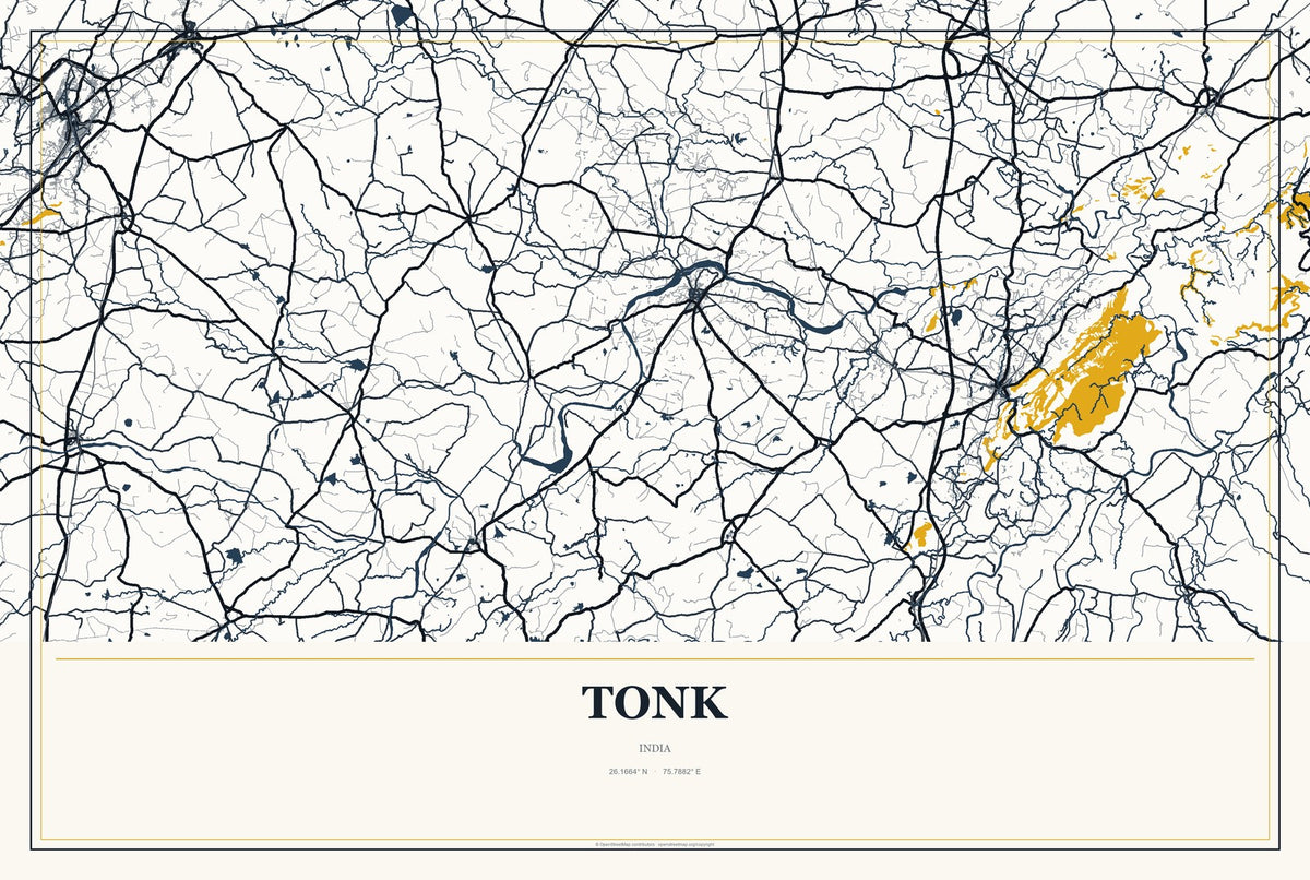 Tonk, India City Map Aluminum Sign in Citrine Modern style