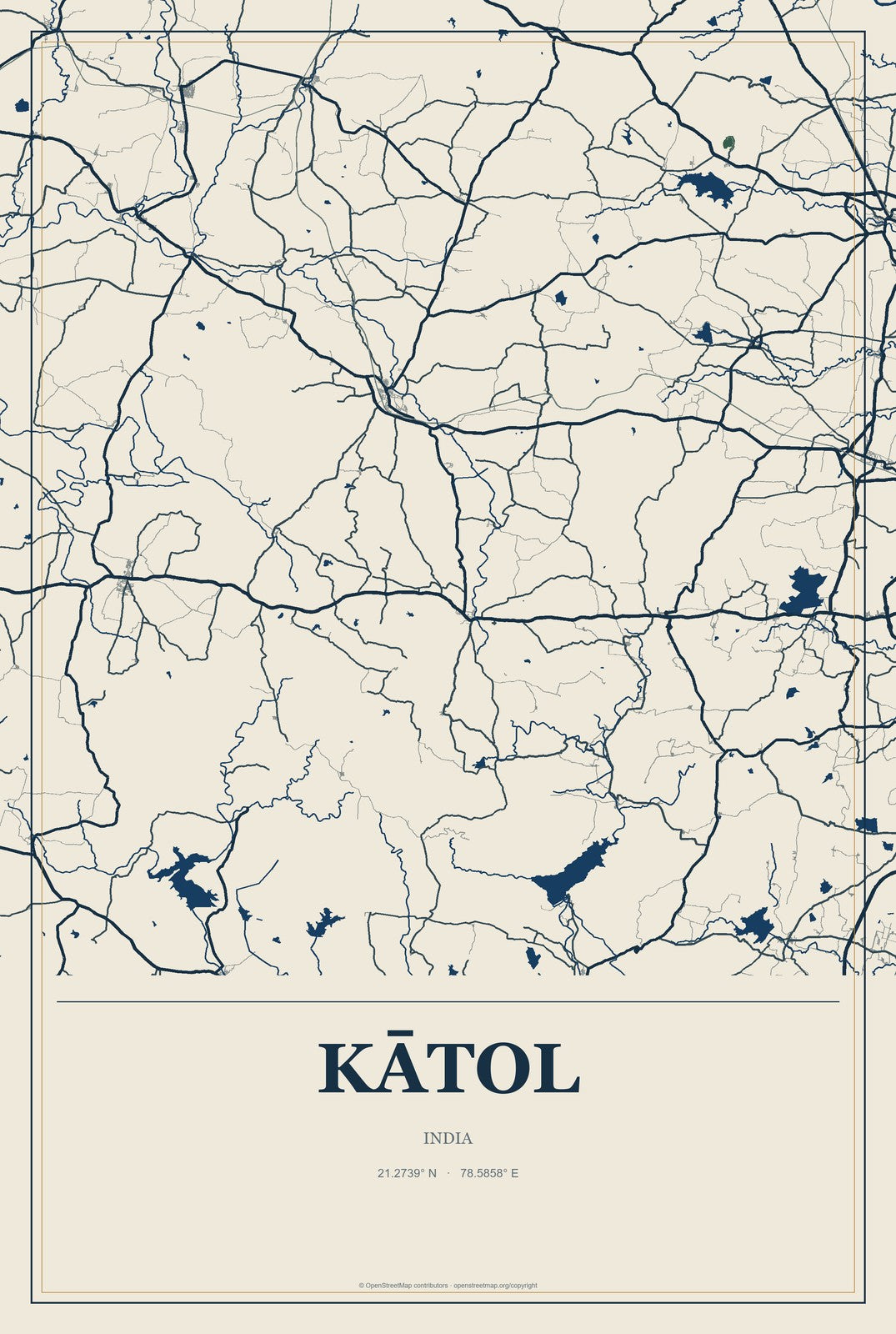 Kātol, India City Map Aluminum Sign in Coastal Cutout style