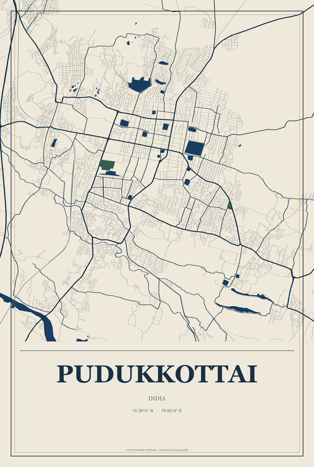Pudukkottai, India City Map Aluminum Sign in Coastal Cutout style