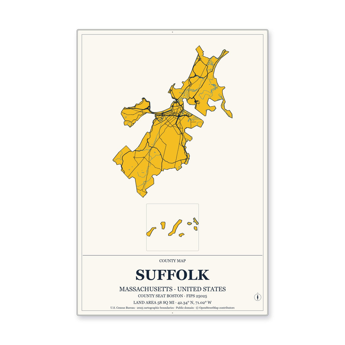 Suffolk County, Massachusetts Map Aluminum Sign in Citrine Modern style