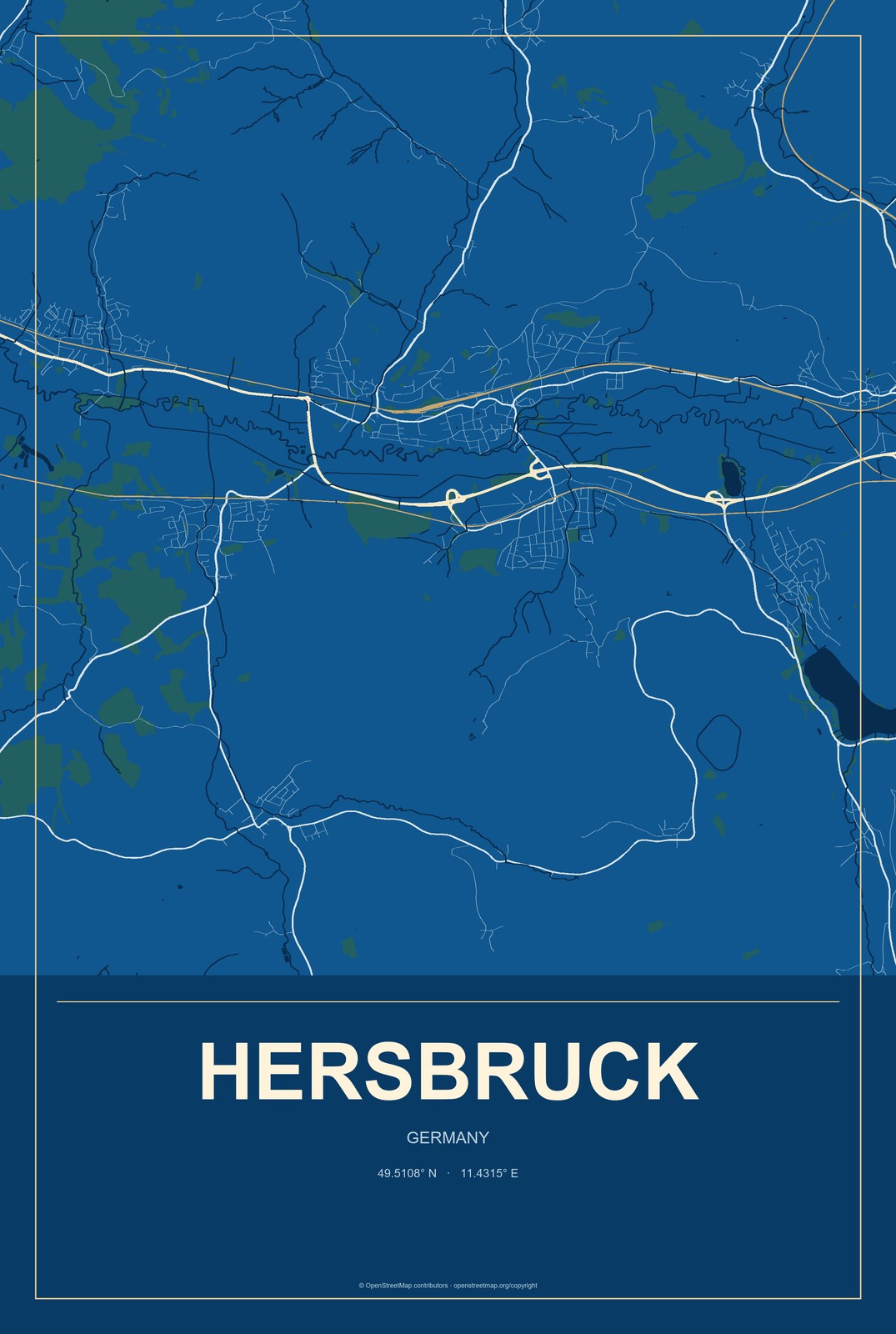 Hersbruck, Germany City Map Aluminum Sign in Harbor Cobalt style