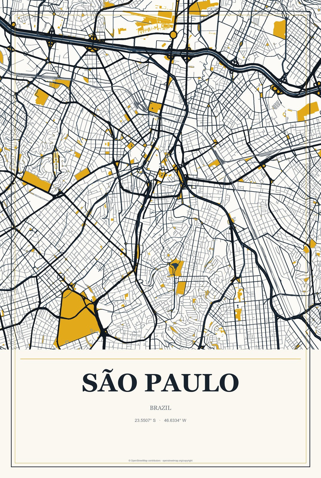 São Paulo, Brazil City Map Aluminum Sign in Citrine Modern style