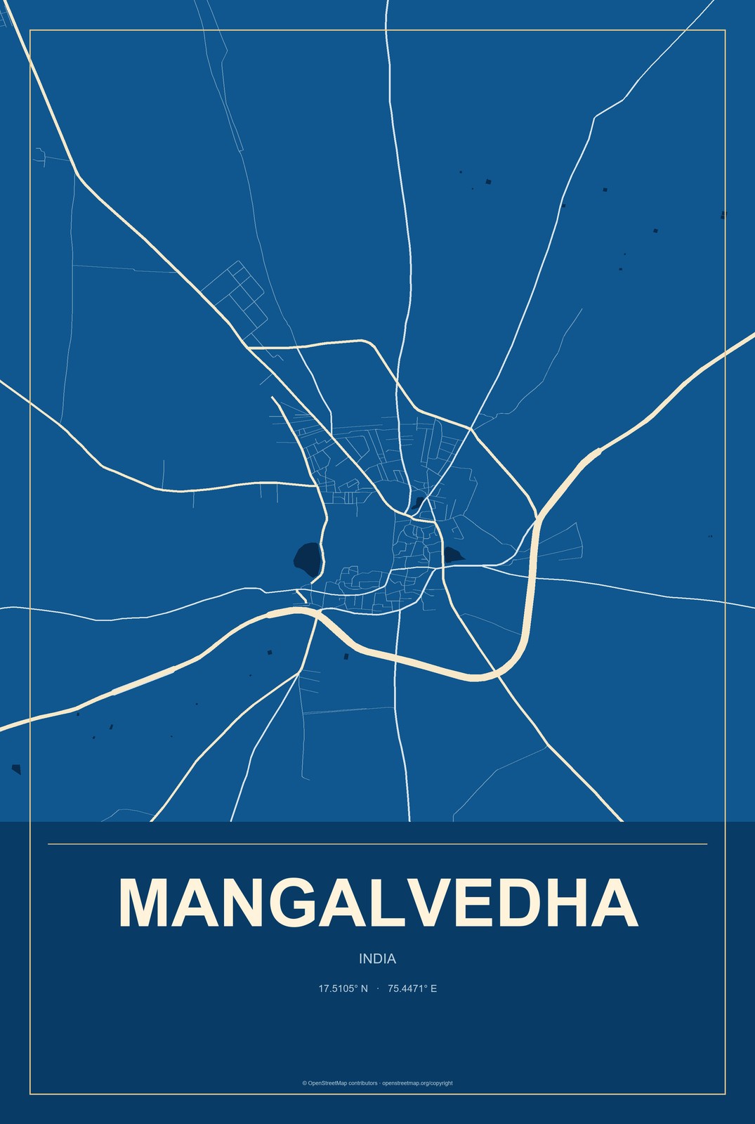 Mangalvedha, India City Map Aluminum Sign in Harbor Cobalt style