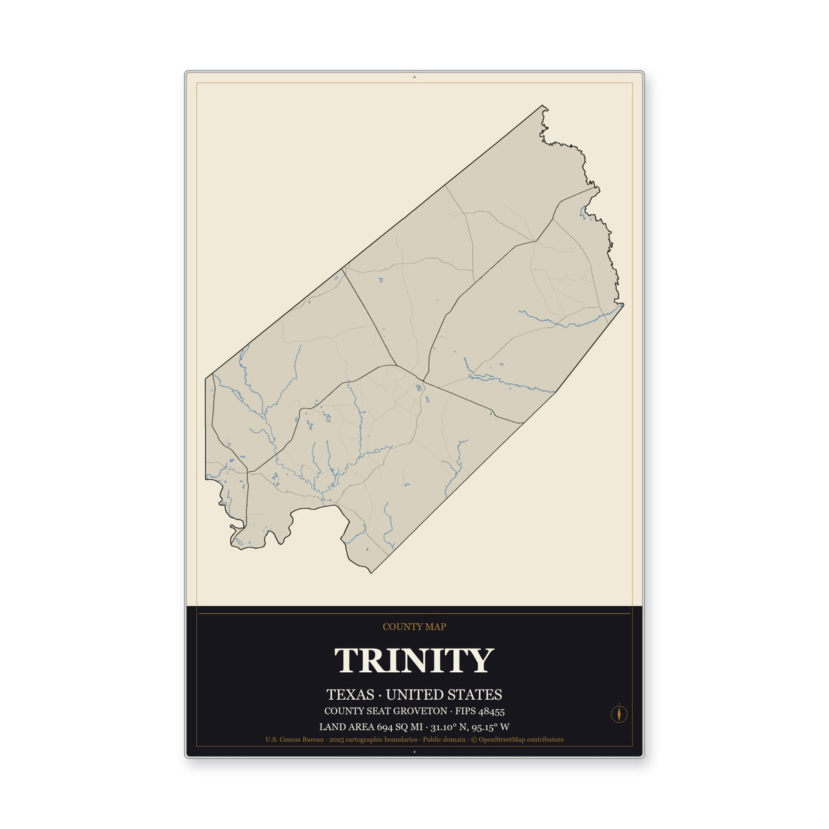 Trinity County, Texas Map Aluminum Sign in Museum Plaque style