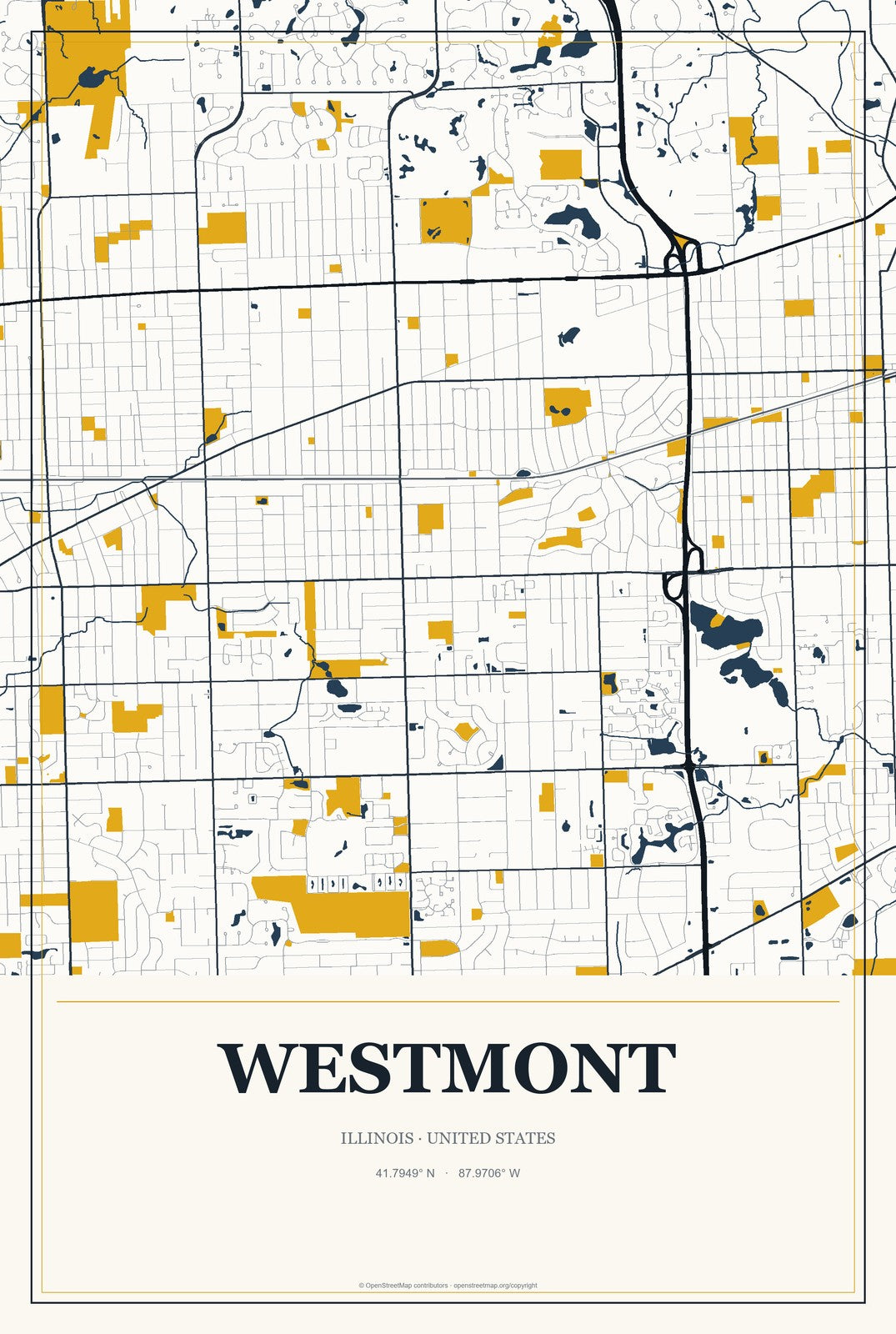 Westmont, Illinois City Map Aluminum Sign in Citrine Modern style