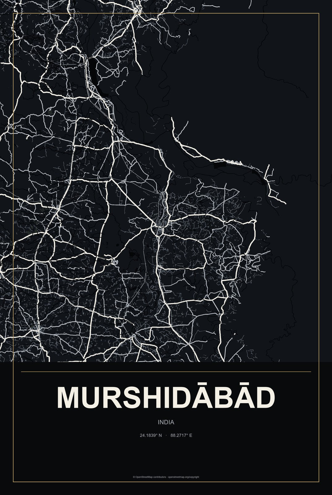 Murshidābād, India City Map Aluminum Sign in Metropolitan Noir style
