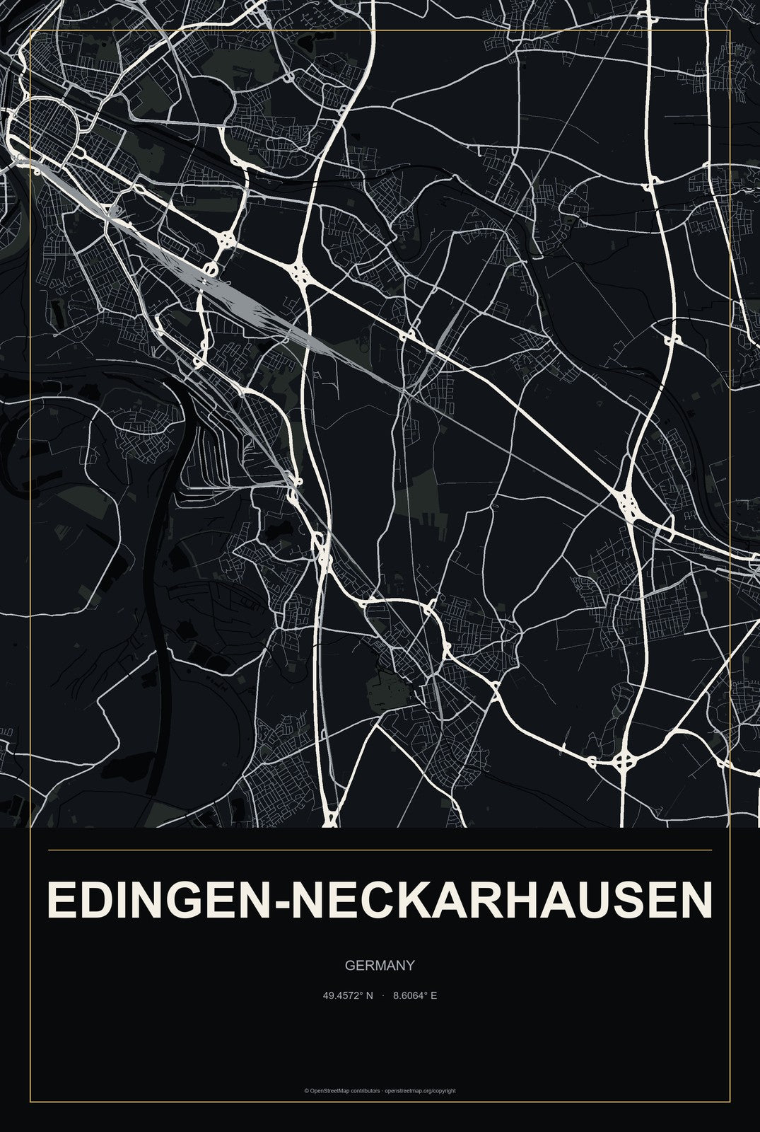 Edingen-Neckarhausen, Germany City Map Aluminum Sign in Metropolitan Noir style