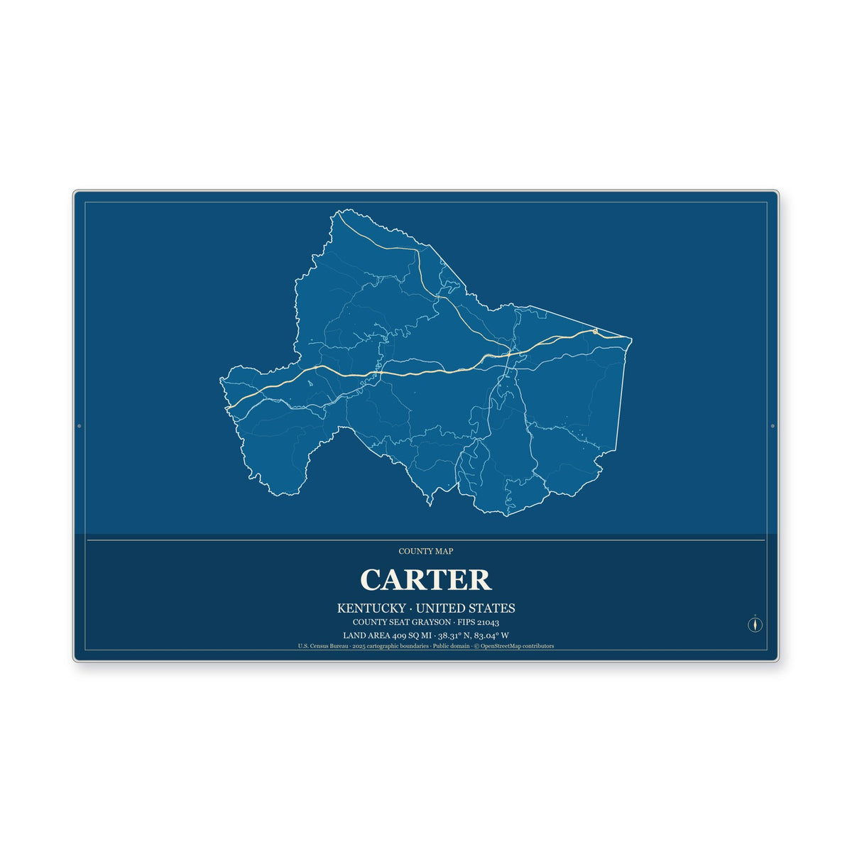 Carter County, Kentucky Map Aluminum Sign in Harbor Cobalt style