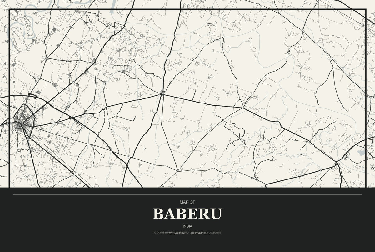 Baberu, India City Map Aluminum Sign in Museum Plaque style
