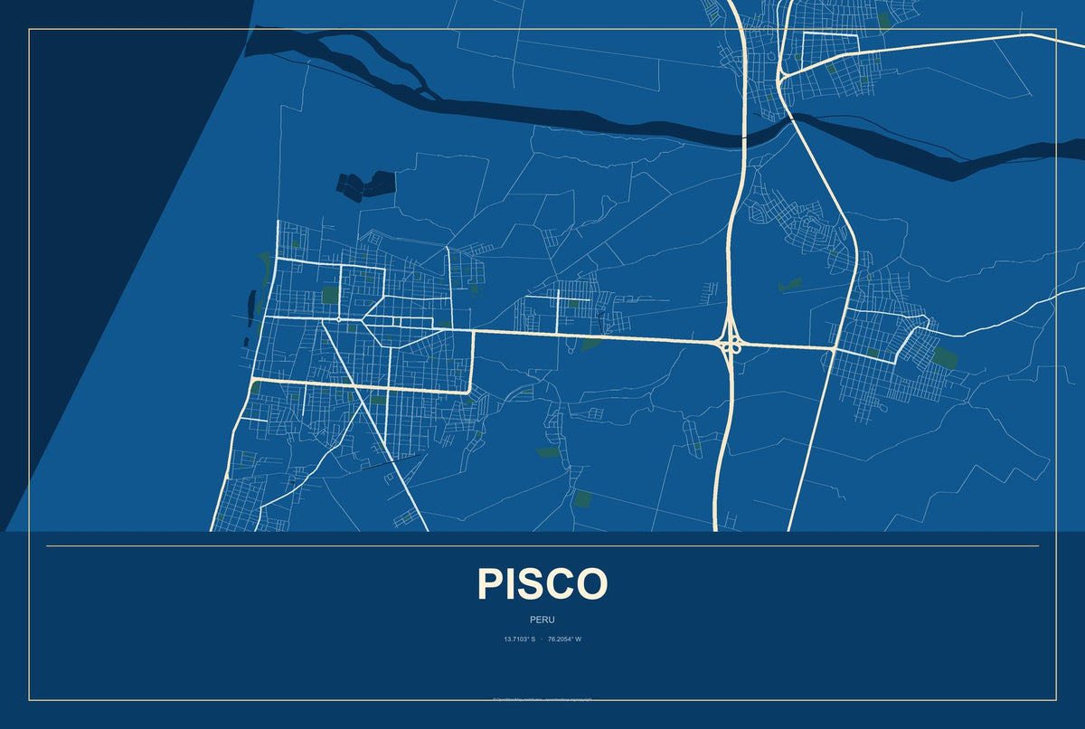 Pisco, Peru City Map Aluminum Sign in Harbor Cobalt style