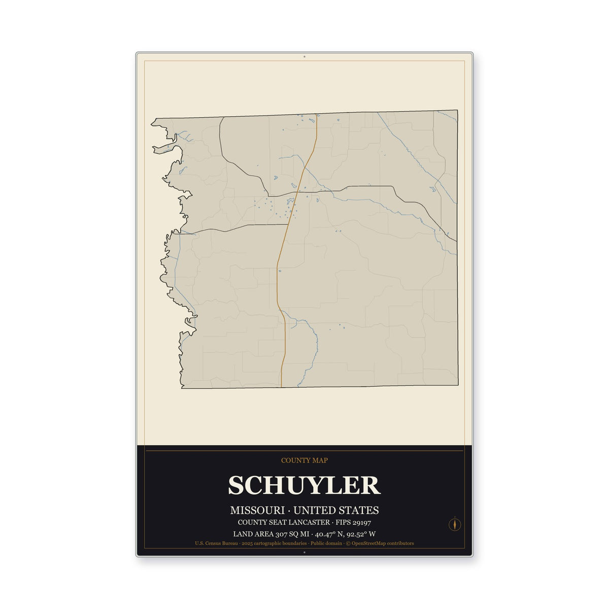 Schuyler County, Missouri Map Aluminum Sign in Museum Plaque style