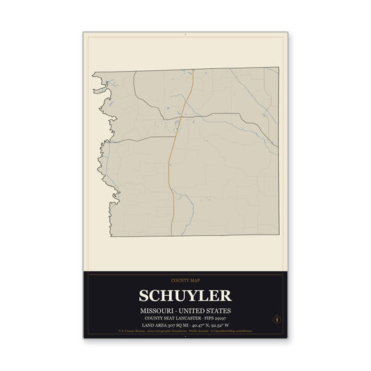 Schuyler County, Missouri Map Aluminum Sign in Museum Plaque style