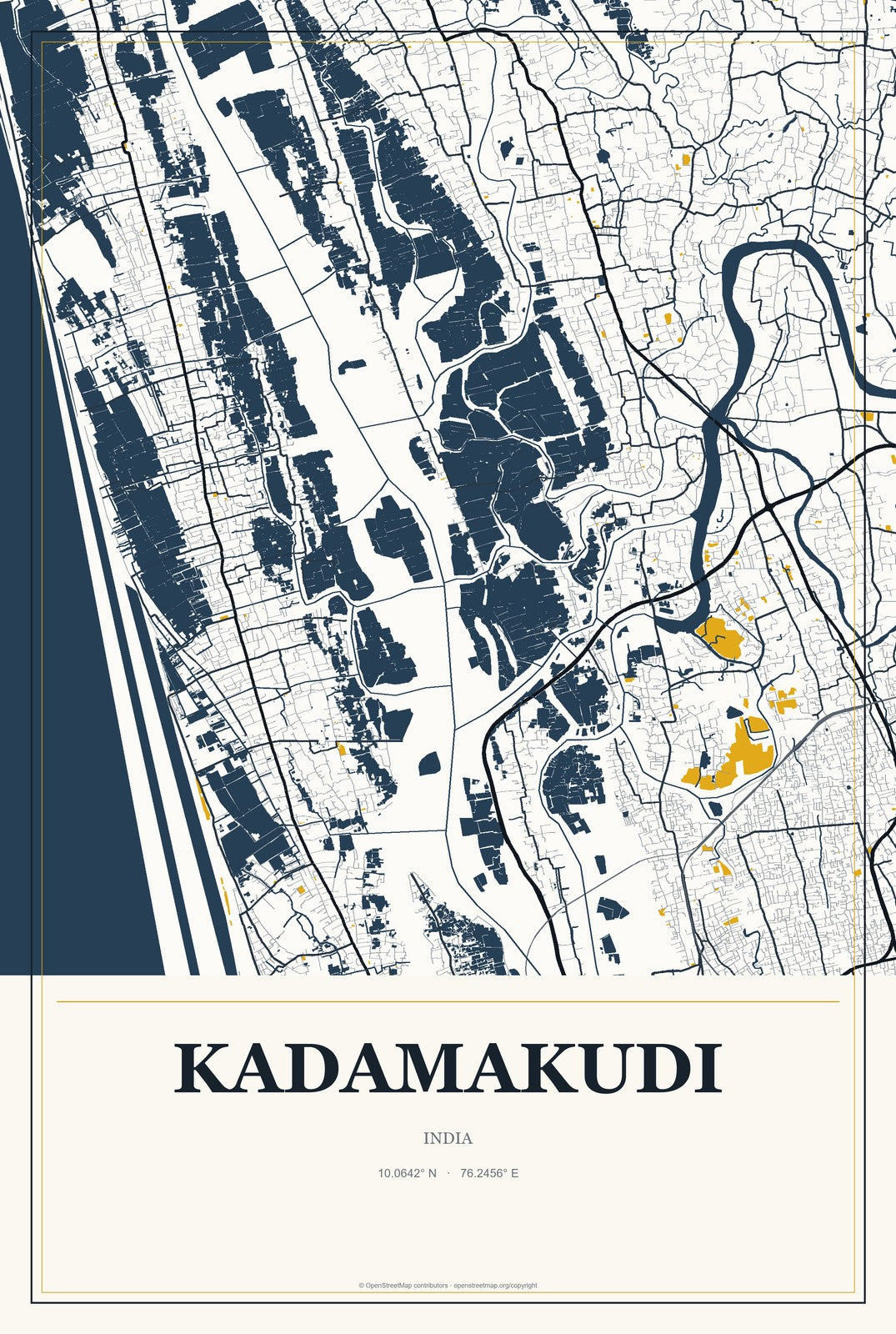 Kadamakudi, India City Map Aluminum Sign in Citrine Modern style